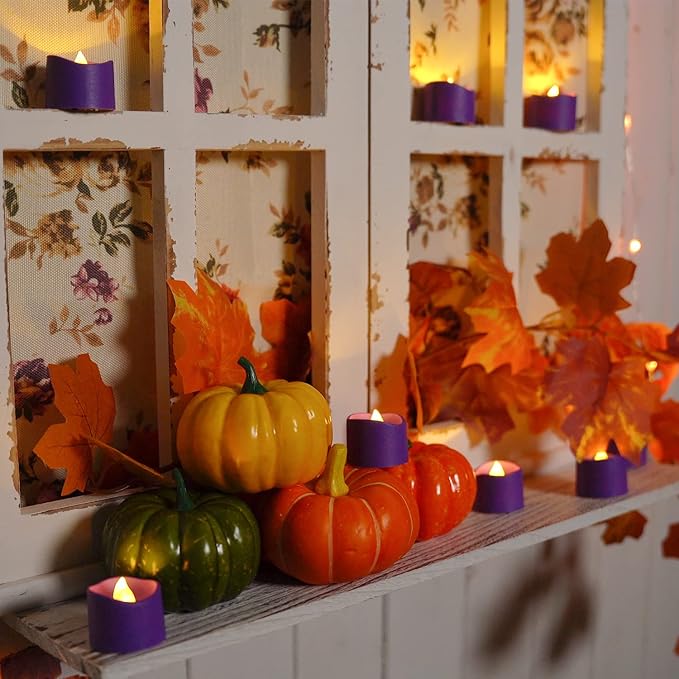 Homemory Purple Tea Lights Candles Battery Operated, 200+Hour Flameless Flickering Fake Electric LED Colored Tealights Candles for Party, Wedding, Halloween, Mardi Gras, Holiday Decor, 12-Pack