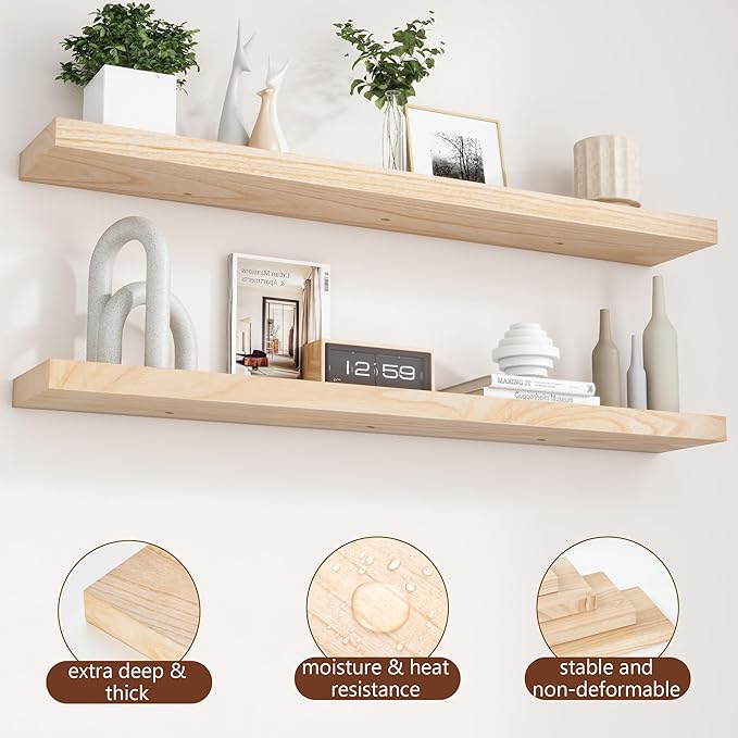 Natural Wood Floating Shelves, 48 Inch Wood Floating Shelves Set of 2, Natural Raw Wood Shelves for Living Room Bedroom Home Office - Natural