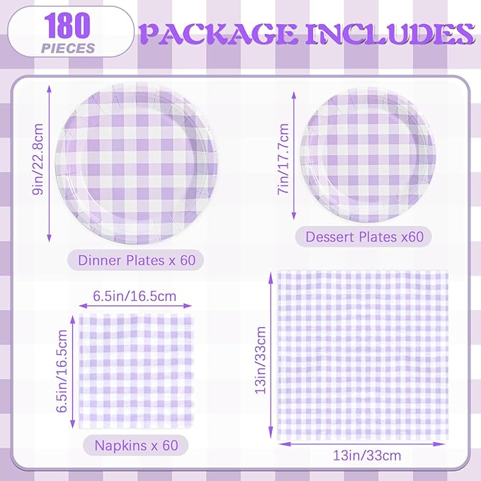 180Pcs Purple Gingham Party Supplies Paper Plates and Napkins Serve 60 Disposable Tableware Set for Birthday Party Decorations Game Day Family School Holiday Sports Events