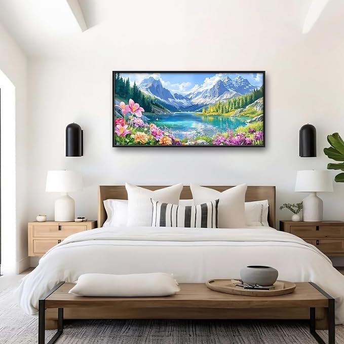 Extra Large Framed Mountain Lake Wall Art,Colorful Wild Flower Wall Decor,Mountain Forest Landscape Pictures for Living Room,Canvas Print Painting Modern Artwork Bedroom Office Bathroom 60L x30W