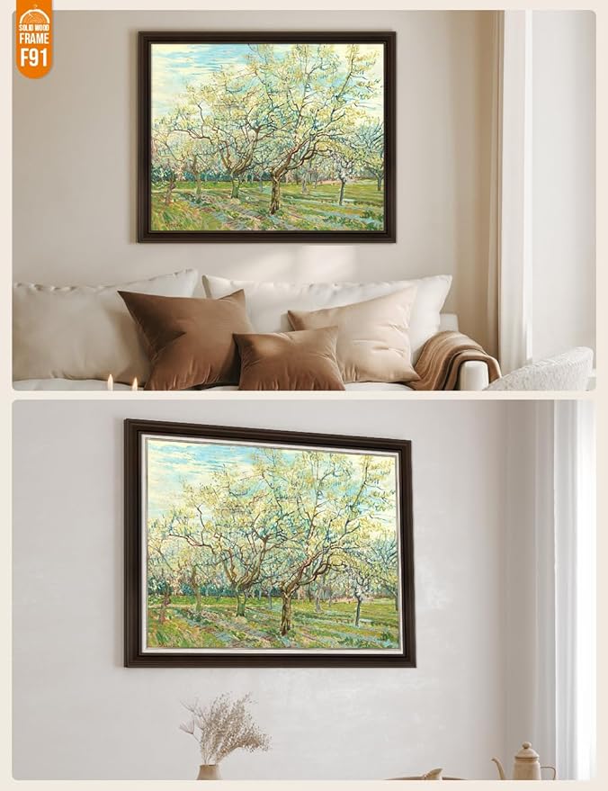 DECORARTS - The White Orchard, Vincent Van Gogh Art Reproduction. Acid Free Cotton Canvas Giclee Print w/Bronze Frame&Mat for Wall Decor.
