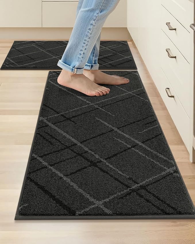 COSY HOMEER Kitchen Mats, 2 PCS Kitchen Rug Non Slip Washable, Absorbent Runner Rugs for Kitchen Floor, Polyester Kitchen Sink Rug 20"x32" + 20"x48"(Dark Gray)