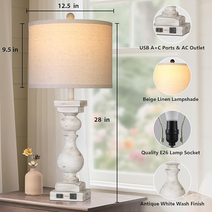 28" Tall Farmhouse Table Lamps Set of 2 with USB C+A Ports and AC Outlet, 3 Way Touch Tall Rustic Bedside Lamps for Living Room, Off White Vintage Lamps for Bedroom Nightstand