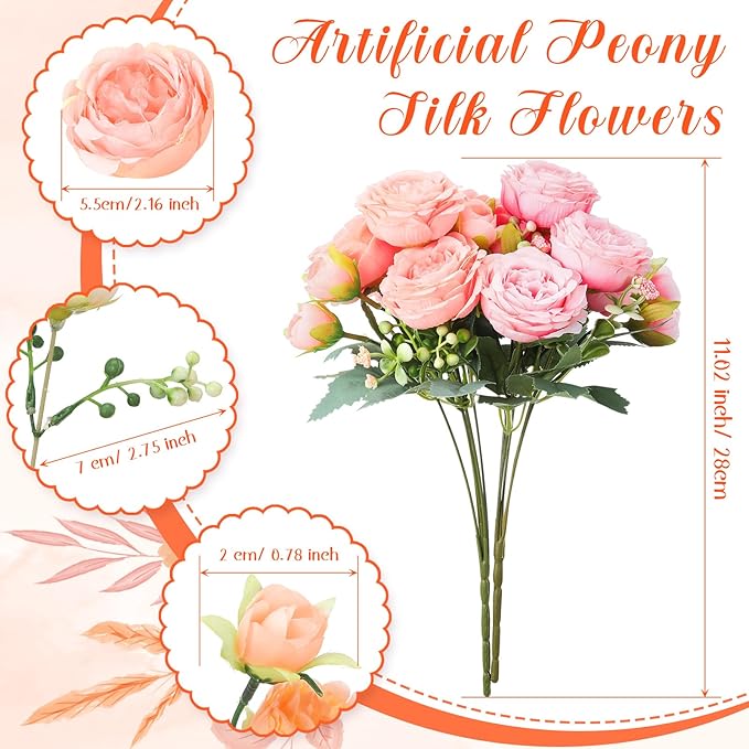Geosar 8 Bundles Artificial Peonies Flowers Fake Silk Peony Bouquet Faux Peonies Flowers Bulk for Decoration Vase Florals Arrangements Wedding Party Table (Peach Pink,Light Pink)