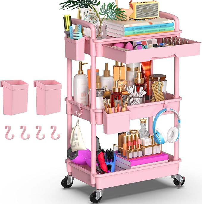 Goovilla 3 Tier Rolling Utility Cart Organizer with Removable Drawer, Stable and Sturdy Pink Rolling Storage Carts with 2 Lockable Wheels for Bathroom, Kitchen, Snack, Craft, Makeup, Baby Essentials