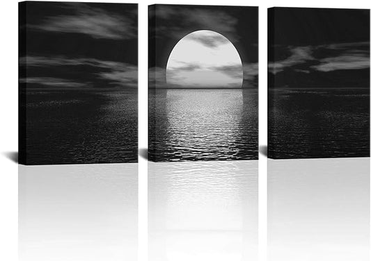 SkenoArt 3 Piece Black and White Bathroom Canvas Wall Decor Ocean Under Moonlight Painting Print Full Moon Seascape Picture Artwork for Home Bedroom Living Room Wall Decor Easy to Hang 12"x16"x3 PCS