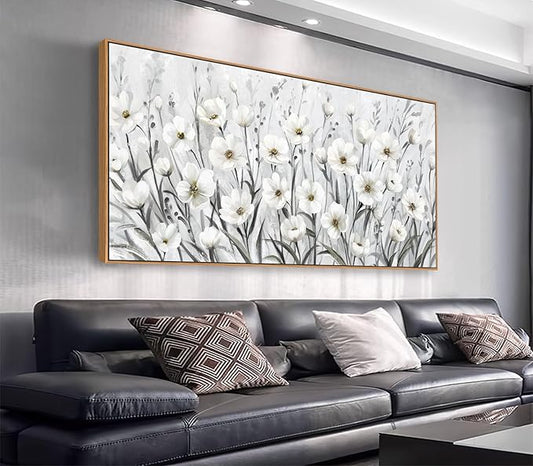 arteWOODS Flowers Framed Wall Art - Grey White Wildflowers Canvas Pictures Wall Decor Botanical Painting Artwork Elegant Floral Prints for Living Room Bedroom Home Decor 58 x 29in Natural Wood Frame