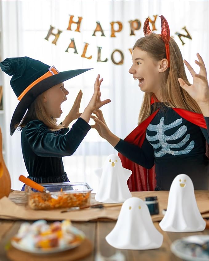 Ceramic Ghosts Small White Ghost Figurine, 3PCS Light Up Ghost Decor, Small LED Ghost Halloween Decor Spooky Sculptures for Indoor Halloween Party Tabletop Home Shelf Decoration