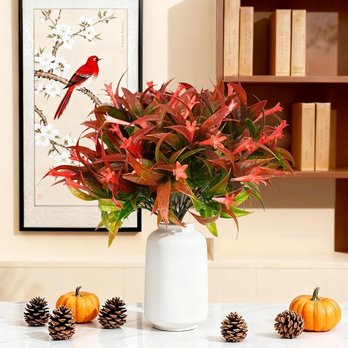 Uieke 6Pcs Outdoor Artificial Plants UV Resistant Fake Flowers Plastic Plants Morning Glory Greenery Shrubs for Outside Home Garden Patio Window Box Summer Fall Décor Red