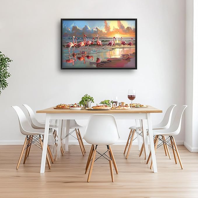 Flamingo Large Framed Wall Art Oversized Sea Coastal Beach Sunrise Pictures Wall Decor Seascape Canvas Print Painting Aesthetic Modern Artwork for Living Room Bedroom Office Bathroom Home Decor 36L"x24W"