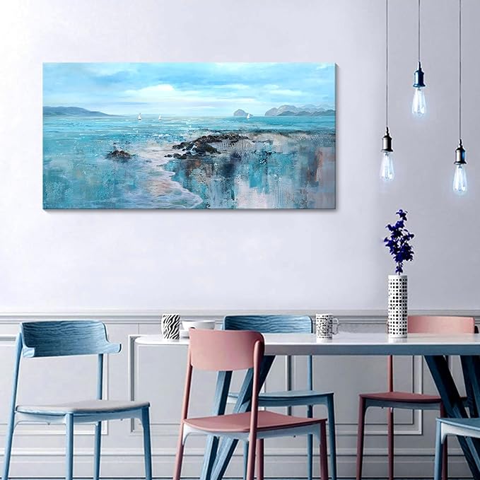 YCPRIMER Large Beach Wall Art - Blue Coastal Canvas Painting Decoration Ocean Ladscape Wall Decor Picture Artwork for Living Room,Bedroom,Office Size 24×48 Inches