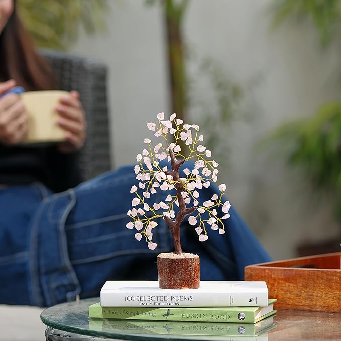 NARIBABU Rose Quartz Crystal Tree (7–8 Inch, 100 Chips) – Handmade Gemstone Tree with Raw Stones & Golden Wire – Birthday Gifts for Women, Gift for Her, Spiritual Decor, Desk Decor