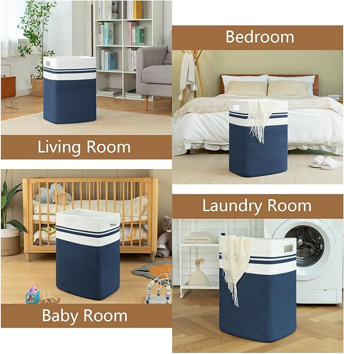OIAHOMY Laundry Hamper-Laundry Basket,Tall Cotton Storage Basket with Handles,Decorative Blanket Baskets for Living room,Collapsible Large Baskets for Toys,Pillows,Clothes-16x13x22in-Blue
