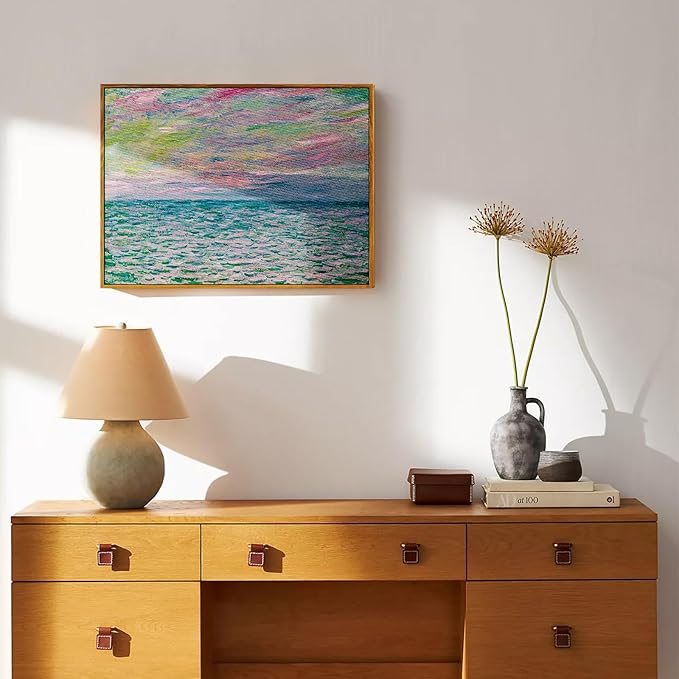 crmotu Framed Canvas Wall Art, Ocean Sunset Vintage Landscape Painting, Sea Dusk Aesthetic Art Prints, Abstract Nature Pictures Wall Decor Living Room Bathroom Bedroom Farmhouse Office Artwork 16x24in