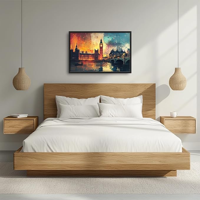 London Big Ben Framed Wall Art for Living Room, Large Cityscape Canvas Wall Decor, Bridge Pictures Painting, Natural Landscape Modern Artwork for Bathroom Bedroom 36L'' × 24W''