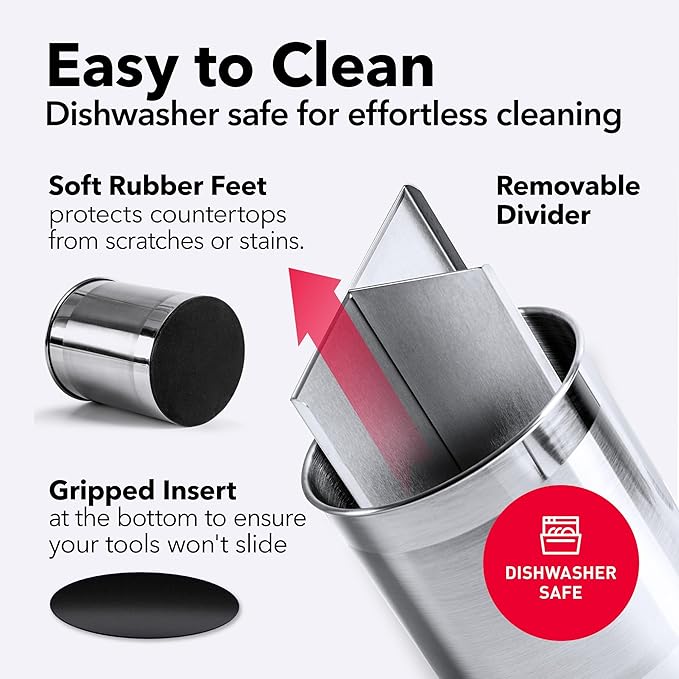 Cooler Kitchen Rotating Extra Large Stainless Steel Utensil Holder Caddy with Sturdy No-Tip Weighted Base, Removable Divider, and Gripped Insert Bottom -Dishwasher Safe Metal Cooking Utensil Holder…