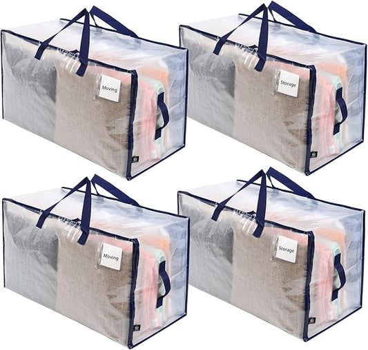 VENO 4 Pack Moving and Storage Bags, Heavy Duty, Alternative to Moving Boxes, Large Packing Totes Supplies for College Dorm Room with Zipper for Clothes, Wide Open Design (Clear, 4 Pack)