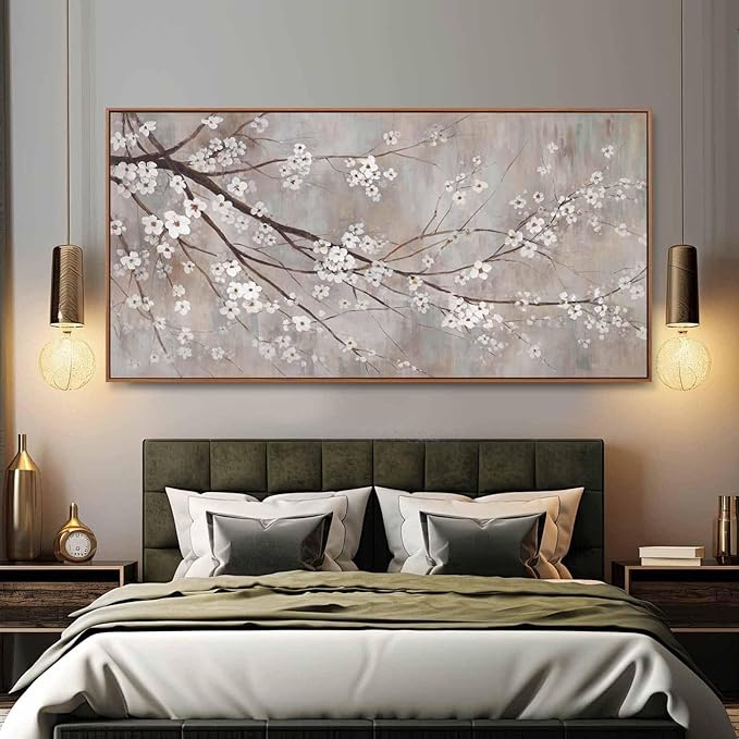 XIANSHOU White Floral Wall Art Plant Canvas Wall Pictures Brown Wall Decor 36"x70" Bedroom Artwork for Wall Over Bed Decoration for Living Room