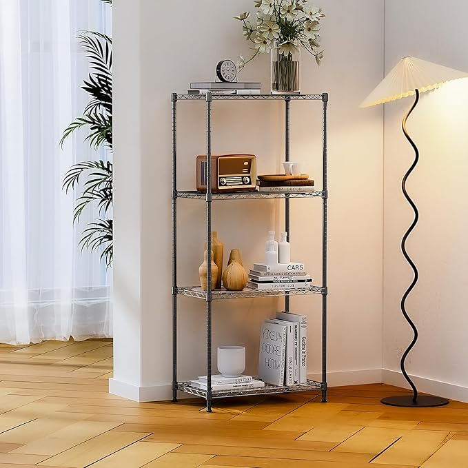 IZEUK 4-Tier Black Steel Storage Shelves, Heavy Duty Utility Wire Rack Organizer for Kitchen, Office, Home, 1000 lbs, 13.7" D x 23.6" W x 53.4" H