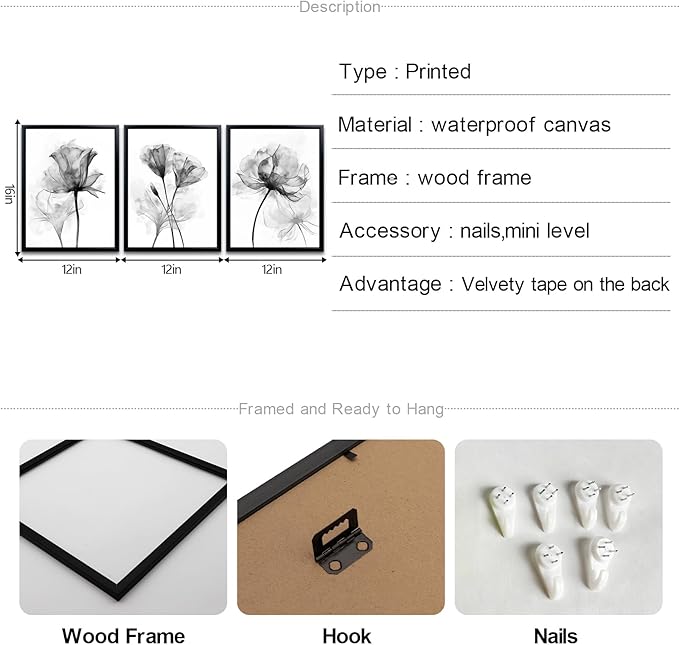 Framed Black and White Floral Bathroom Wall Decor Abstract Grey Flowers Canvas wall art for Living Room Office Bedroom Decor