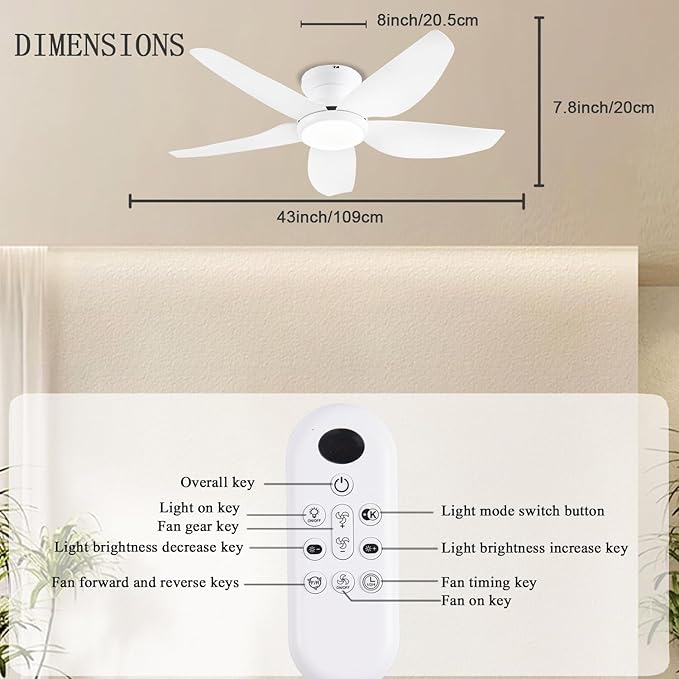 Ceiling Fans with Lights, 43 Inch Low Profile Ceiling Fan with Light and Remote/App Control, Flush Mount, Reversible DC Motor, 3CCT, Dimmable, Noiseless, White Ceiling Fan for Indoor/Outdoor Use