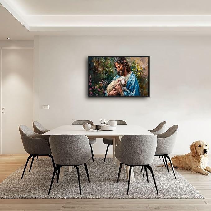 Flintis Large Jesus and Lamb Wall Art Christian Jesus Portrait Pictures Wall Decor Religion Canvas Painting Print Artwork Decoration Framed for Living Room Bathroom Master Bedroom Office 36L x 24W