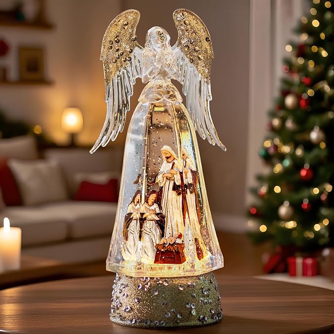 Christmas Snow Globe Lantern Water Glittering Angel & Nativity with Music & Timer, USB Lined/Battery Operated Lighted Lantern for Christmas Festival Decoration Gifts