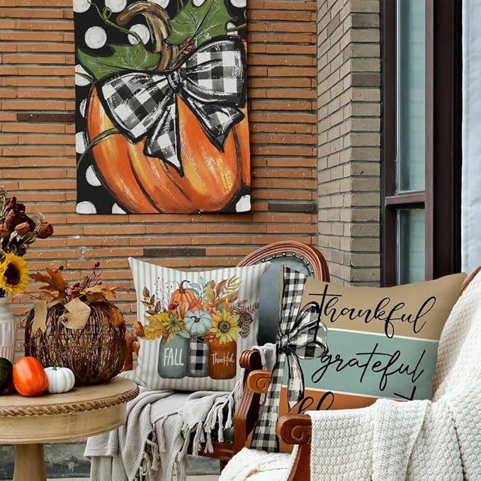 GEEORY Fall Pumpkin Sunflowers Pillow Covers 16x16 Inch Set of 4, Mason Jars Sweet Home Buffalo Plaid Bowknot Autumn Thanksgiving Decorative Throw Pillows Farmhouse Decoration for Sofa Aqua