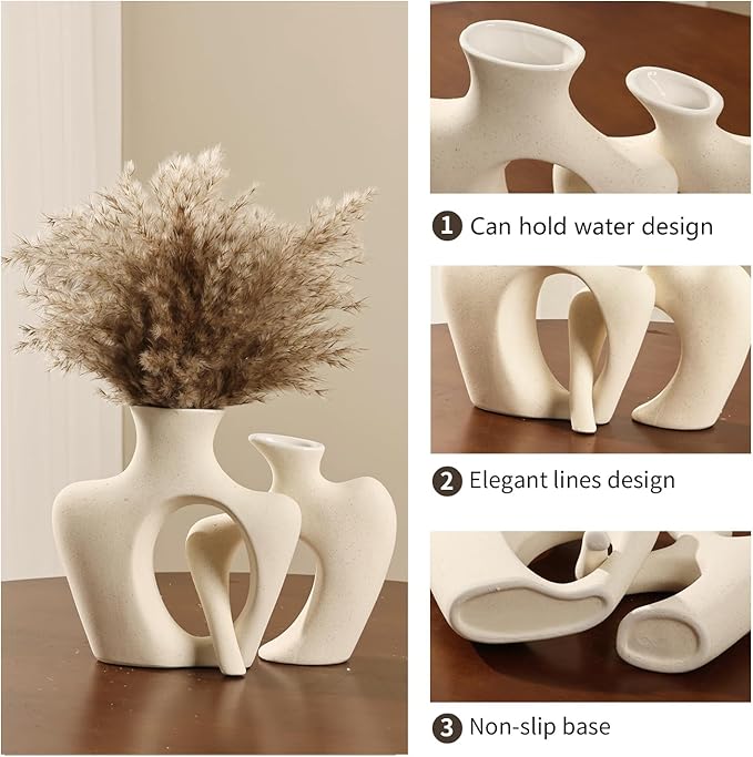 Beige Ceramic Vases for Decor, Set of 2 Small Decorative Vase Modern Boho Aesthetic Flower Vases for Table Centerpiece Dining Room Shelf Living Room Office Décor