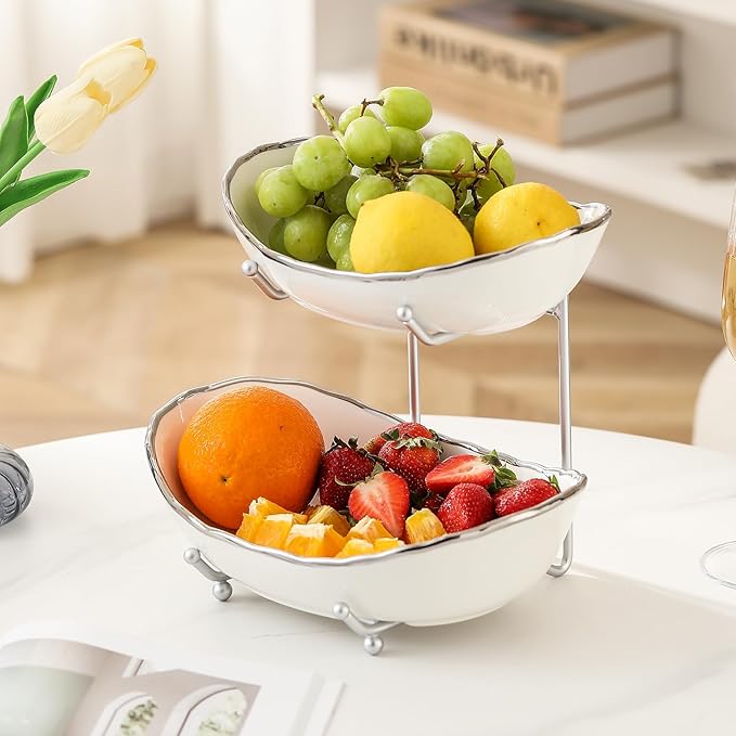 2 Tier Ceramic Fruit Bowl for Kitchen Counter, Tiered Fruit Basket for Countertop, Modern Multi Layer Fruit Display Stand for Party, Cute & Smal (Silver-rimmed)