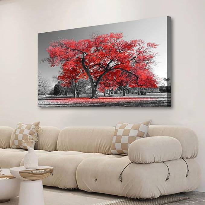 Red Tree of Life Wall Art for Living room Office Bedroom Black and White Scenery Canvas Wall Art Print Oil Paintings Modern Forest Landscape Pictures Wall Decor Artwork Ready to Hang - 20in * 40inch