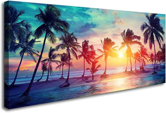 DZL Art S75562 Canvas Wall Art Palm Trees Silhouettes On Tropical Beach At Sunset Beach Seascape Painting Nature Pictures for Living Room Home Office Wall Decor Artwork