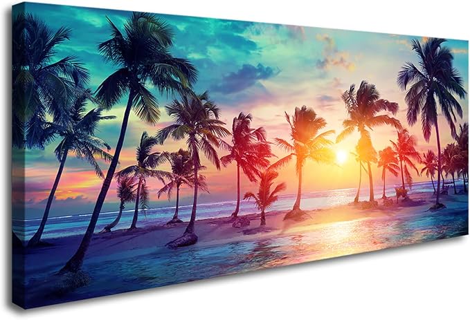 DZL Art S75550 Canvas Wall Art Palm Trees Silhouettes On Tropical Beach At Sunset Beach Seascape Painting Nature Pictures for Living Room Home Office Wall Decor Artwork