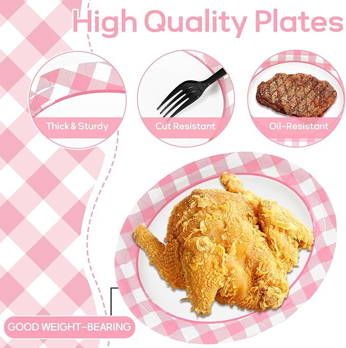 Pink Gingham Party Oval Paper Plates 11inch Pink & White Checkered Plates and Napkins, Plaid Birthday Decoration for Girls Women Party Supplies BBQ Gathering Picnic Tableware, 25 Guest