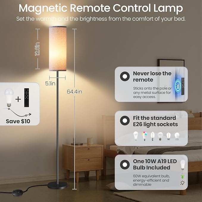 Dimmable Gray Floor Lamp for Living Room with Remote and Foot Switch, Corner Floor Lamp for Bedroom, Modern Standing Tall Lamp, 10W 900LM Bulb Included, 3000K-6500K, Linen Shade, FCC Listed H06LD05W1