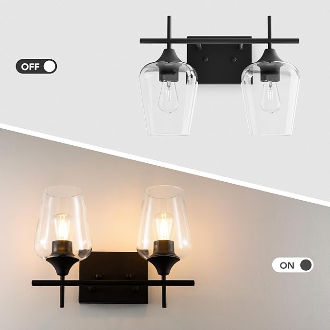 VONLUCE Bathroom Vanity Light, 2 Light Bathroom Light Fixture Over Mirror, Bathroom Wall Lamp with Clear Glass, Modern Black Vanity Lighting fixtures for Bathroom, Bedroom, Hallway