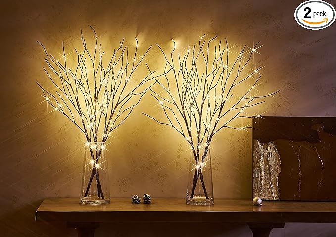 Fudios Branch Lights Plug in with Timer Willow Branches with Lights for Vase Twig 32IN 150 LED Outdoor and Indoor Holiday Party Decor 2Set