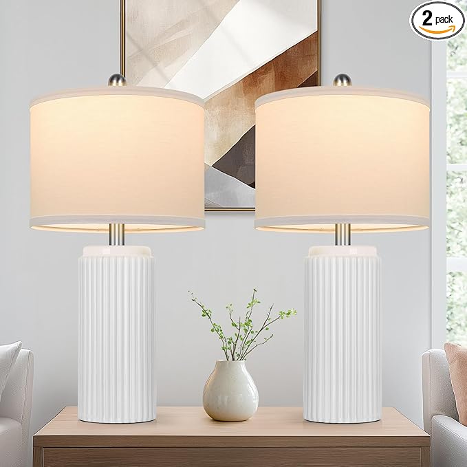 TOBUSA 23.5’’ Modern White Ceramic Lamps Set of 2, Living Room Retro Side Table Lamps, Farmhouse Bedside Nightstand White Lamps for Bedroom with Linen Shade, Elegant Decor Lamp Sets for Home Office