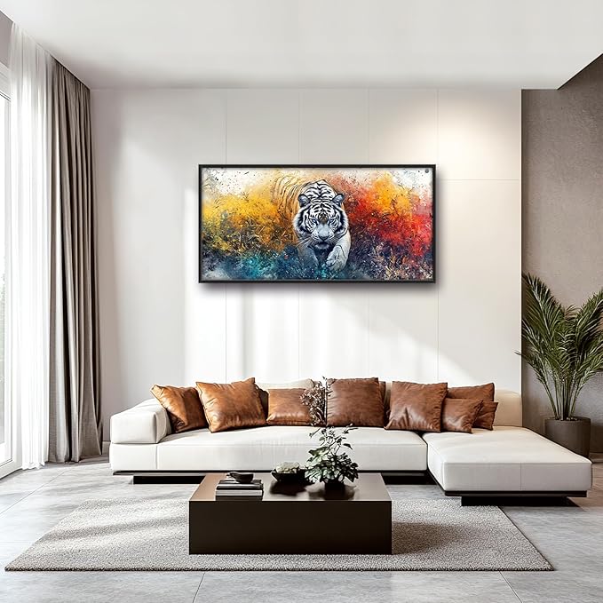 Extra Large Framed Abstract White Tiger Wall Art,Oversized Colorful Cool Tiger Wall Decor,Wild Animal Pictures for Living Room,Canvas Print Painting Modern Artwork Bedroom Office Bathroom 60L x30W