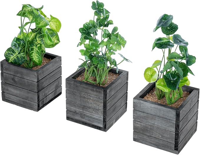 MyGift Trio of Artificial Assorted Green Leaf Plants Potted in Vintage Gray Wood Crate Style Square Boxes, Faux Foliage Indoor Tabletop Houseplants, 3 Piece Set