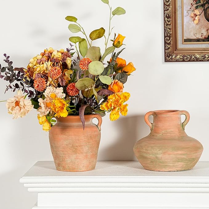 Sungmor Rustic Ceramic Flower Vase with Handles, Decorative Pottery Vase 7 Inch Terracotta Plant Pots, Cement Textured Vases Home Decor, Indoor Fresh Flowers Planter, Dried Flower Arrangements
