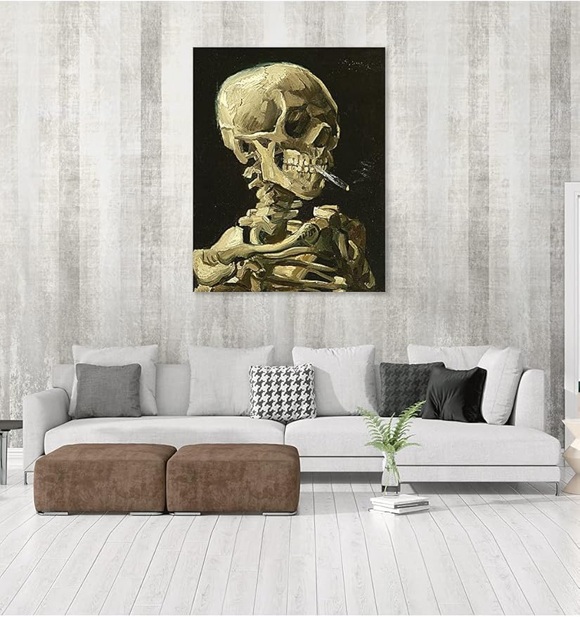 DECORARTS - Head of a Skeleton with a Burning Cigarette. Vincent Van Gogh Art Reproduction. Giclee Print on Canvas. Wall Art for Home. 40x32