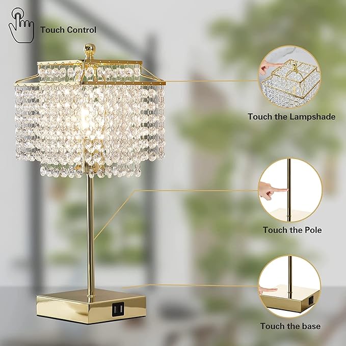 Luvkczc Set of 2 USB Bedside Crystal Table Lamp Gold, Touch Control Lamp, 3-Way Dimmable Lamp with Crystal Shade for Bedroom, Living Room, 6W LED Bulb Included