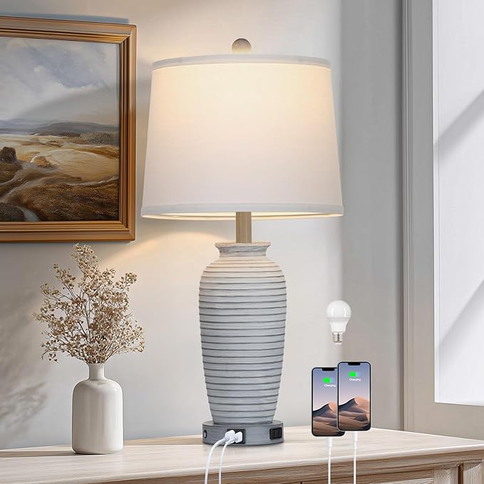 25" Vintage Farmhouse Jar Table Lamps, Single Rustic Bedside Lamp with USB A+C Ports & AC Outlet, Nightstand Lamps for Living Room, Bedroom, End Table, Grey White(LED Bulb Included)