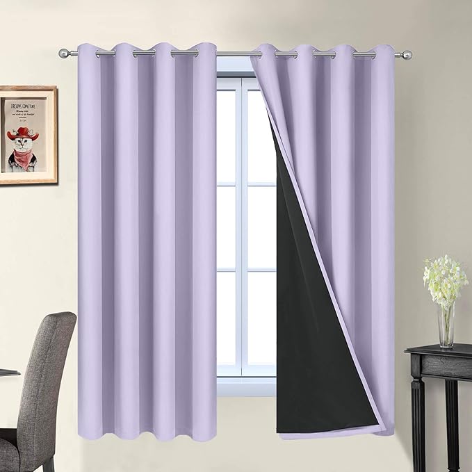 Yakamok 2 Thick Layers Completely Blackout Window Treatment Thermal Insulated Drapes for Girl's Bedroom(52Wx63L, Lilac, 2 Panels)