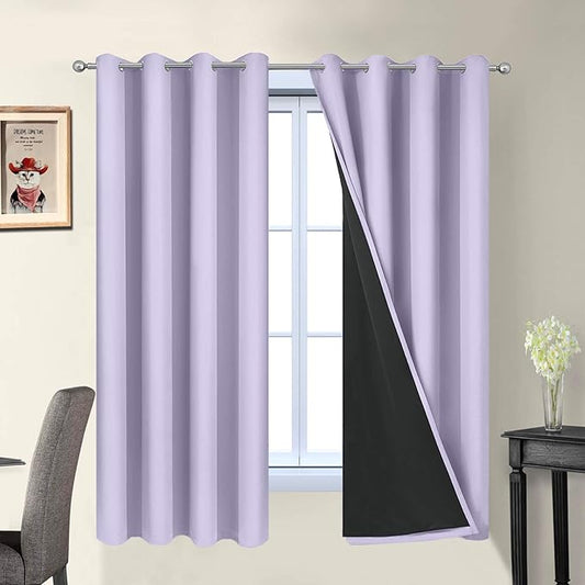 Yakamok 2 Thick Layers Completely Blackout Window Treatment Thermal Insulated Drapes for Girl's Bedroom(52Wx63L, Lilac, 2 Panels)