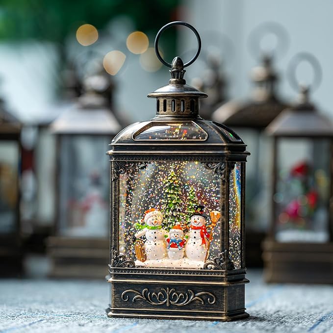 Christmas Snow Globe Lantern Water Glittering Snowman Family with Music & Timer, USB Lined/Battery Operated Lighted Lantern for Christmas Festival Decoration Gifts