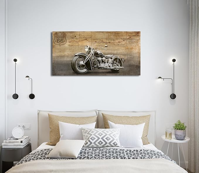 arteWOODS Vintage Motorcycle Canvas Wall Art - Historic Route 66 Retro Vehicle Pictures for Men Boys Bedroom Wall Decor Modern Motorcross Canvas Print Artwork Home Office Wall Decoration 20" x 40"