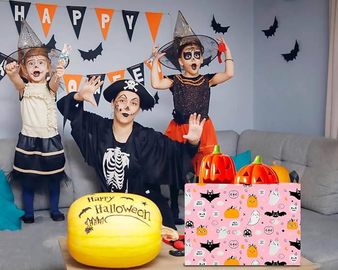 CLOCOR Rectangular Storage Basket Empty,Gift Basket for Halloween,Waterproof Storage Bin with Handles,Room Decor(Pink Ghost)