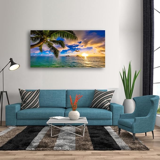 Seascape Sunset Pictures Canvas Wall Art For Living Room Bedroom Wall Decor,Palm Wall Art Print Paitnings For Home Decor,Morden Artwork Coconut Tree Canvas Art Waterproof Ready To Hang-28x57 Inches